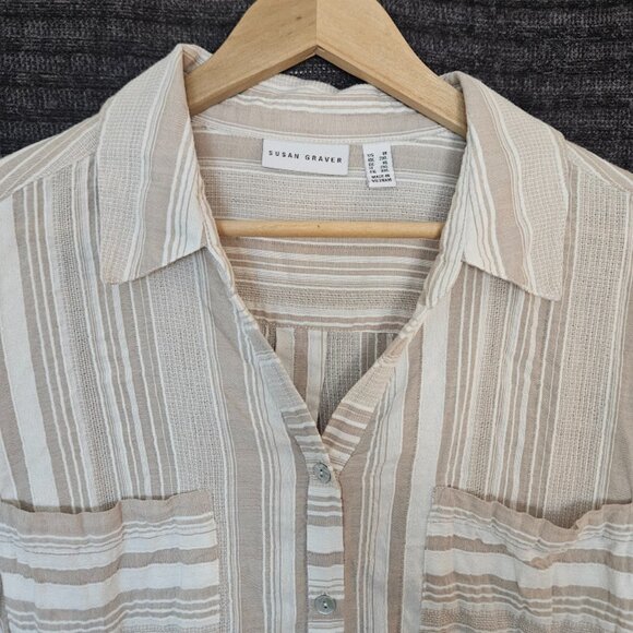 Susan Graver 100% Cotton Tunic Shirt Size 1X White Striped Beige White - Picture 3 of 12